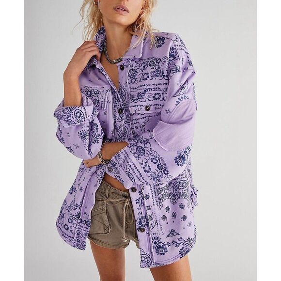 NEW FREE PEOPLE RUBY WEST COAST JACKET BANDANA PRINTED SHACKET LILAC - Picture 1 of 5